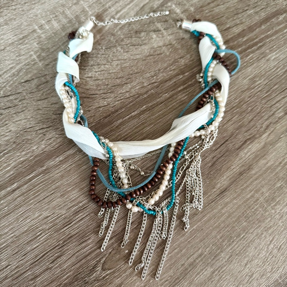 Y2K 2000s Boho Chic Multi Layer Necklace w/ Beads, Pearls, and Suede